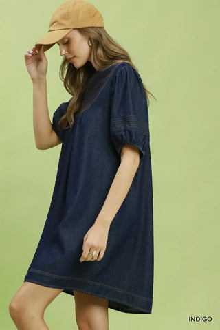 Umgee Notched Puff Sleeve Mini Dress with Pockets - Glamourous Grace