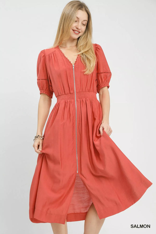 Umgee Zip-Front Smocked Waist Midi Dress - Glamourous Grace