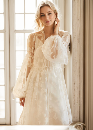 Ethereal Lace Long-Sleeve Sheer Bridal Robe Dress with Train - Glamourous Grace