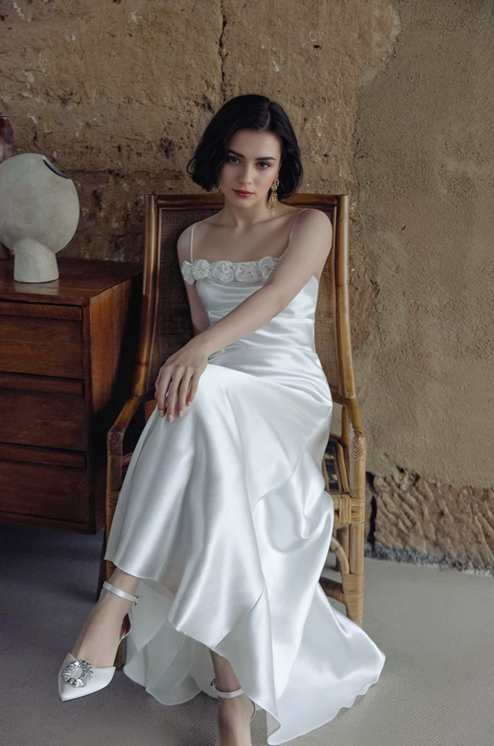 Vintage Rose-Trimmed Satin Slip Wedding Dress with Spaghetti Straps - Glamourous Grace