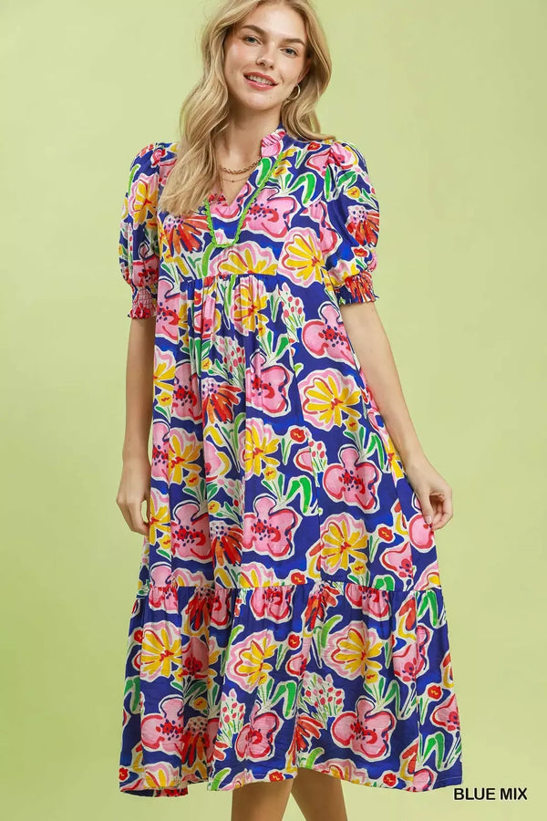 Umgee Floral Print Puff Sleeve Tiered Midi Dress - Glamourous Grace