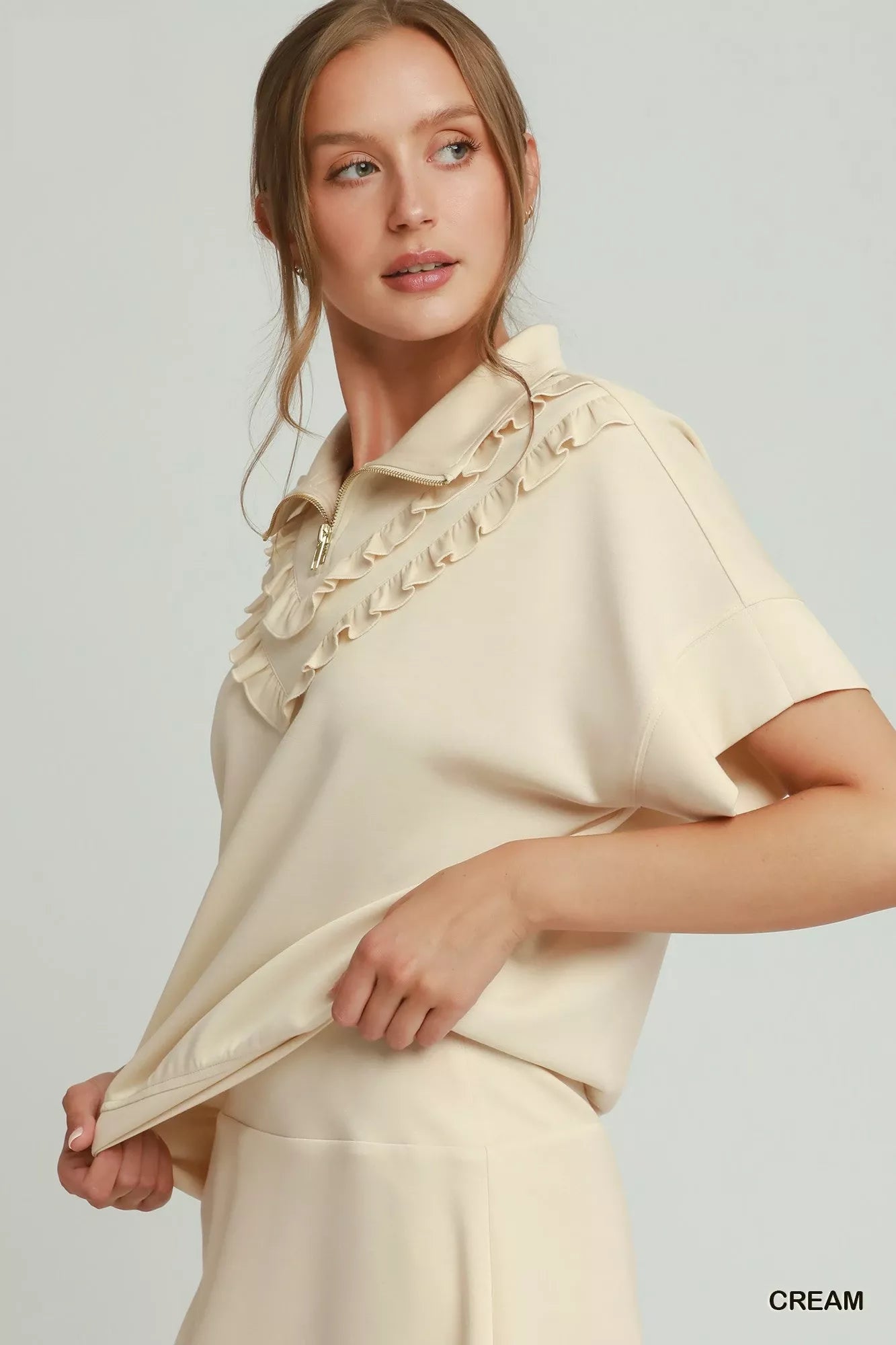 Umgee Ruffle Quarter Zip Short Sleeve Top - Glamourous Grace