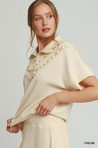 Umgee Ruffle Quarter Zip Short Sleeve Top - Glamourous Grace