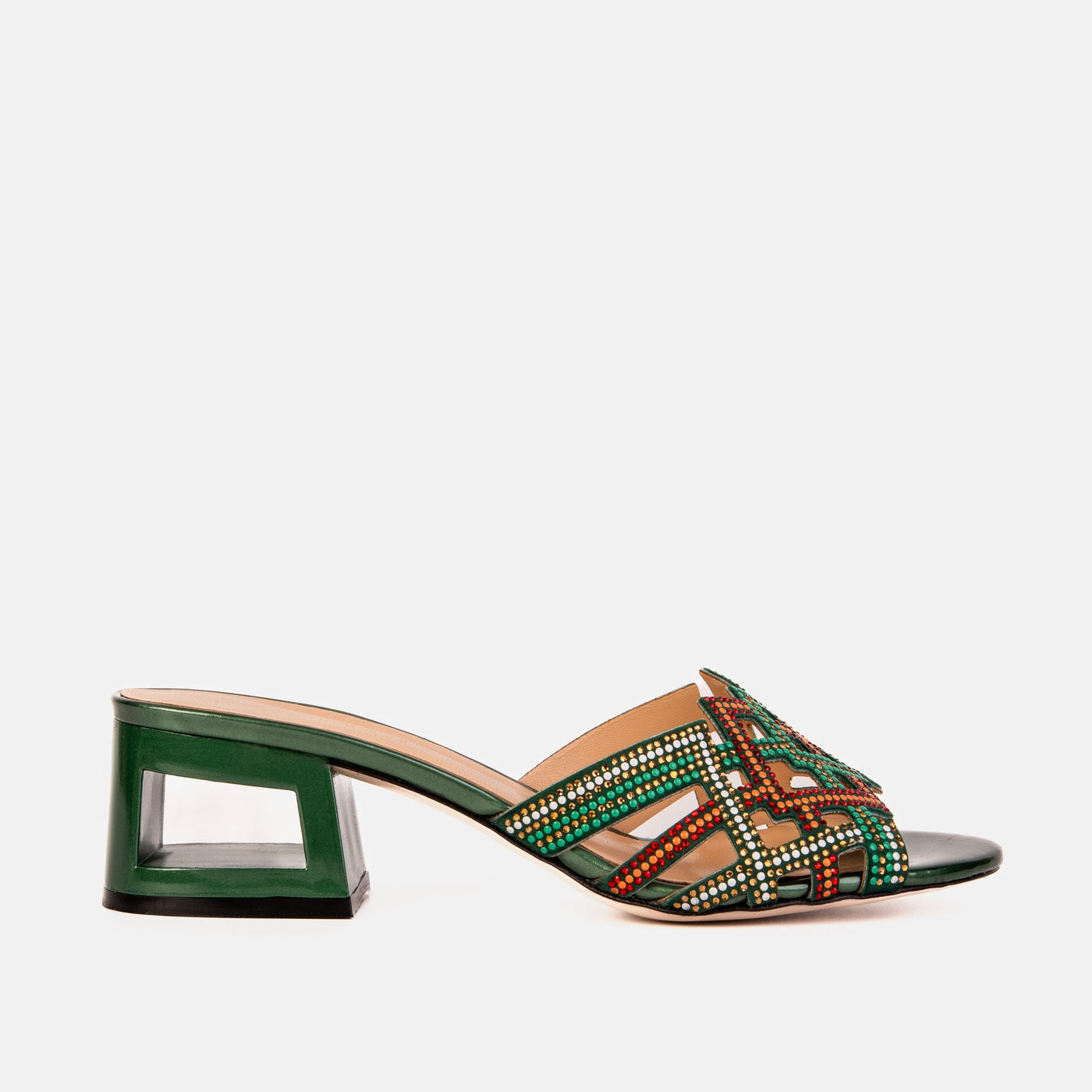 The Palma Green Glitter Leather Block Heel Women Sandal - Glamourous Grace