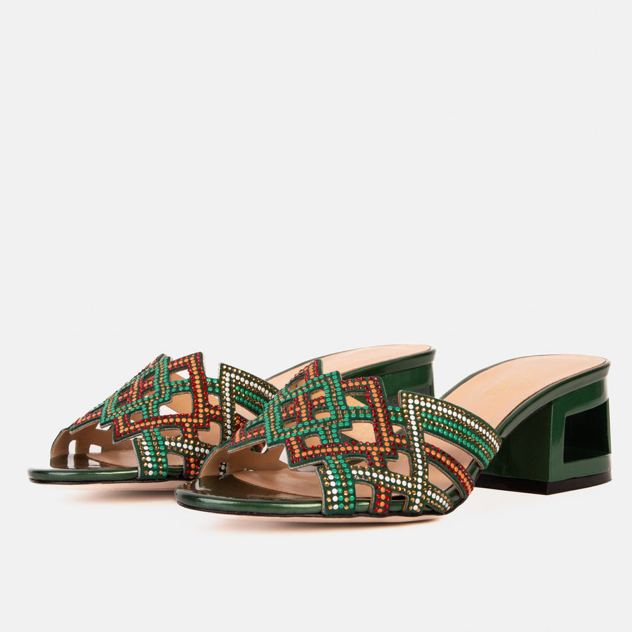 The Palma Green Glitter Leather Block Heel Women Sandal - Glamourous Grace