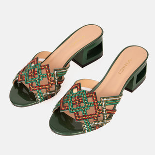 The Palma Green Glitter Leather Block Heel Women Sandal - Glamourous Grace