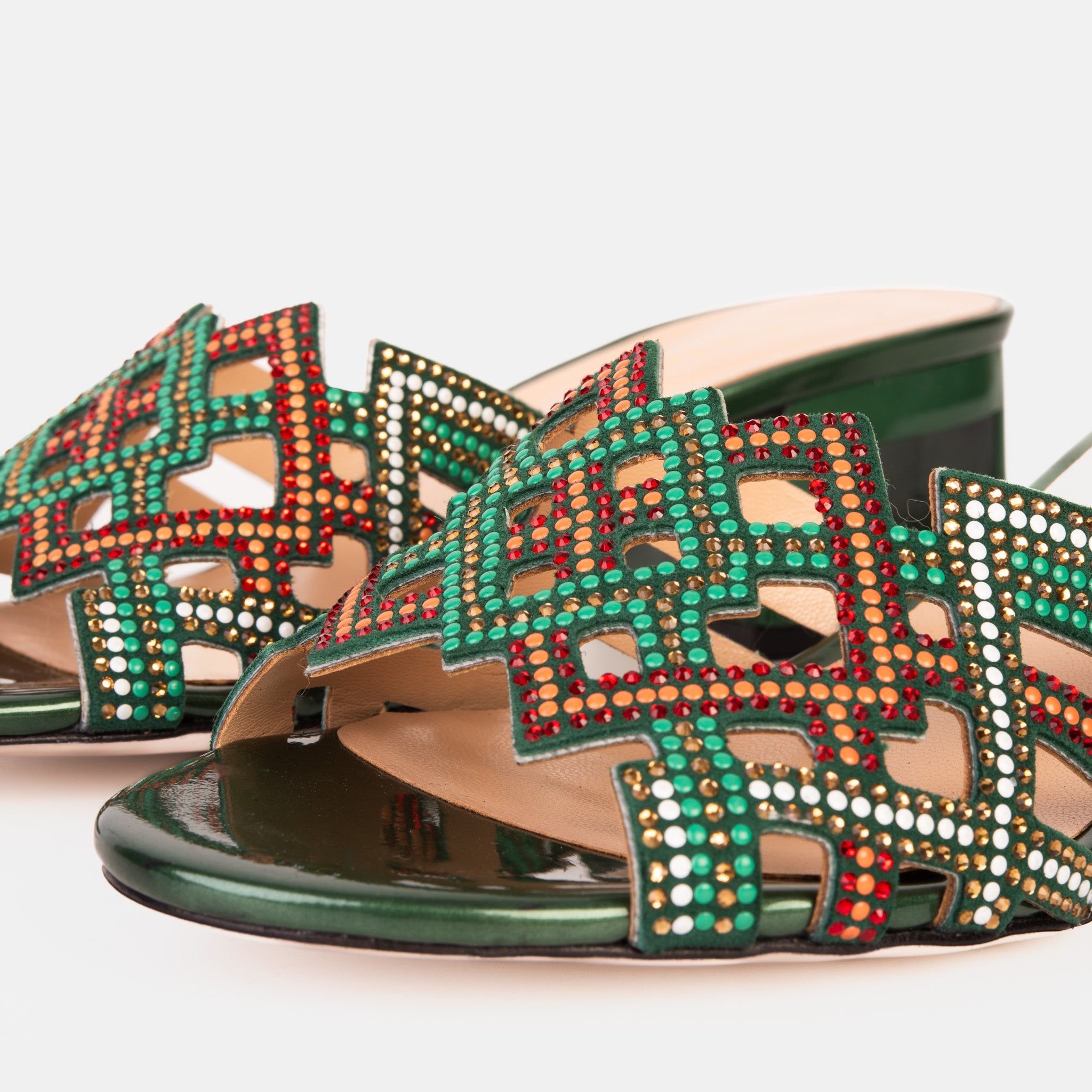 The Palma Green Glitter Leather Block Heel Women Sandal - Glamourous Grace