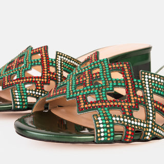 The Palma Green Glitter Leather Block Heel Women Sandal - Glamourous Grace