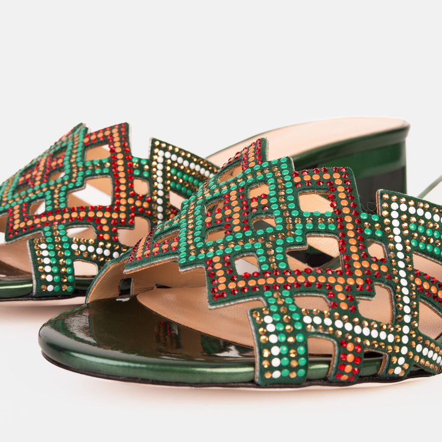 The Palma Green Glitter Leather Block Heel Women Sandal - Glamourous Grace