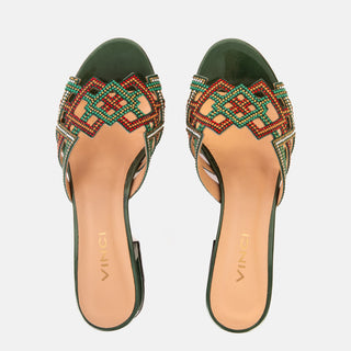 The Palma Green Glitter Leather Block Heel Women Sandal - Glamourous Grace