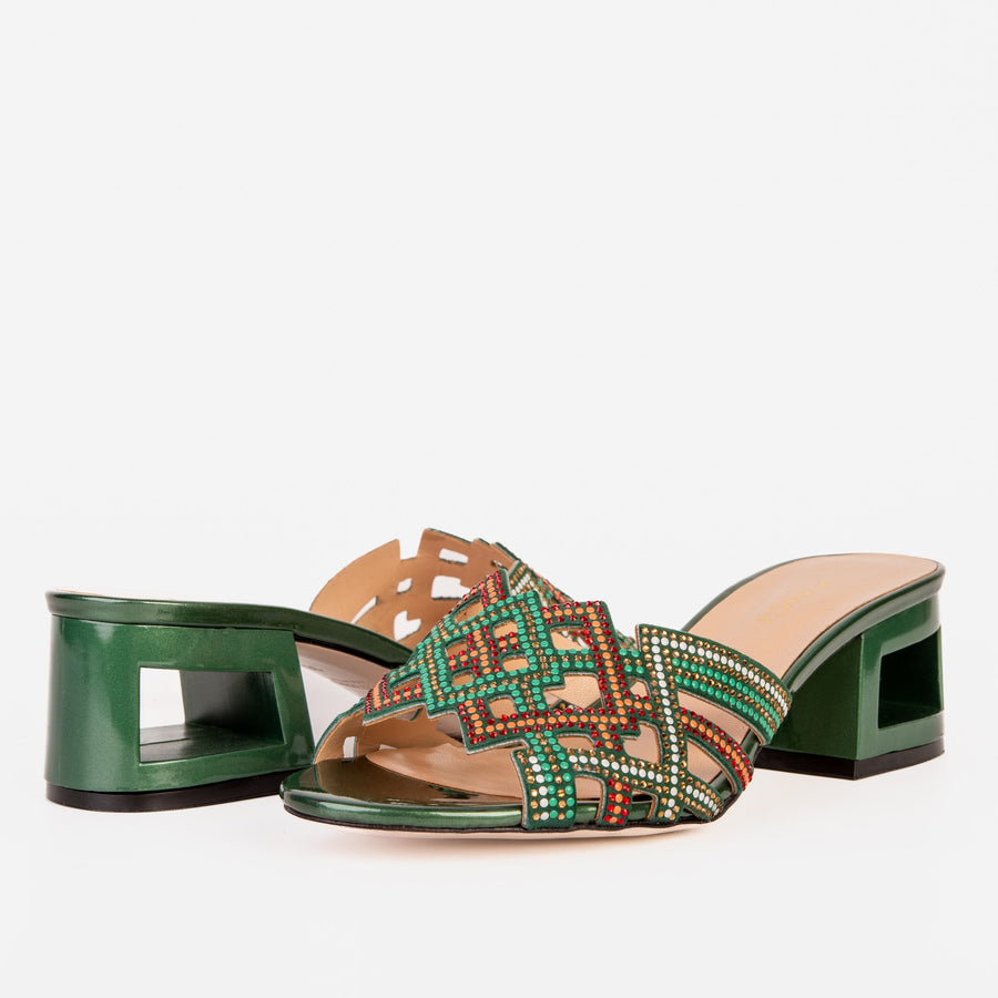 The Palma Green Glitter Leather Block Heel Women Sandal - Glamourous Grace