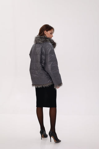 Reversible Genuine Silver Fox  Down Fill Coat in Grey
