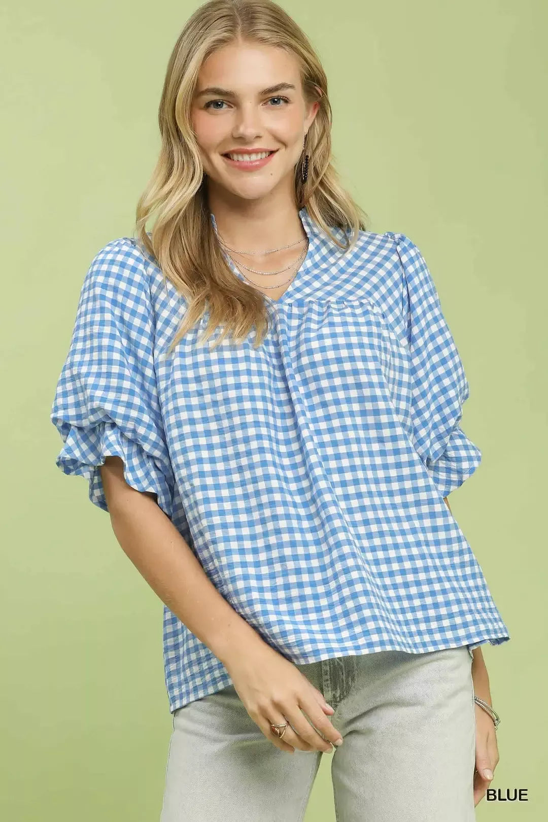 Umgee Gingham Check Blouse with Ruffle Sleeves - Glamourous Grace