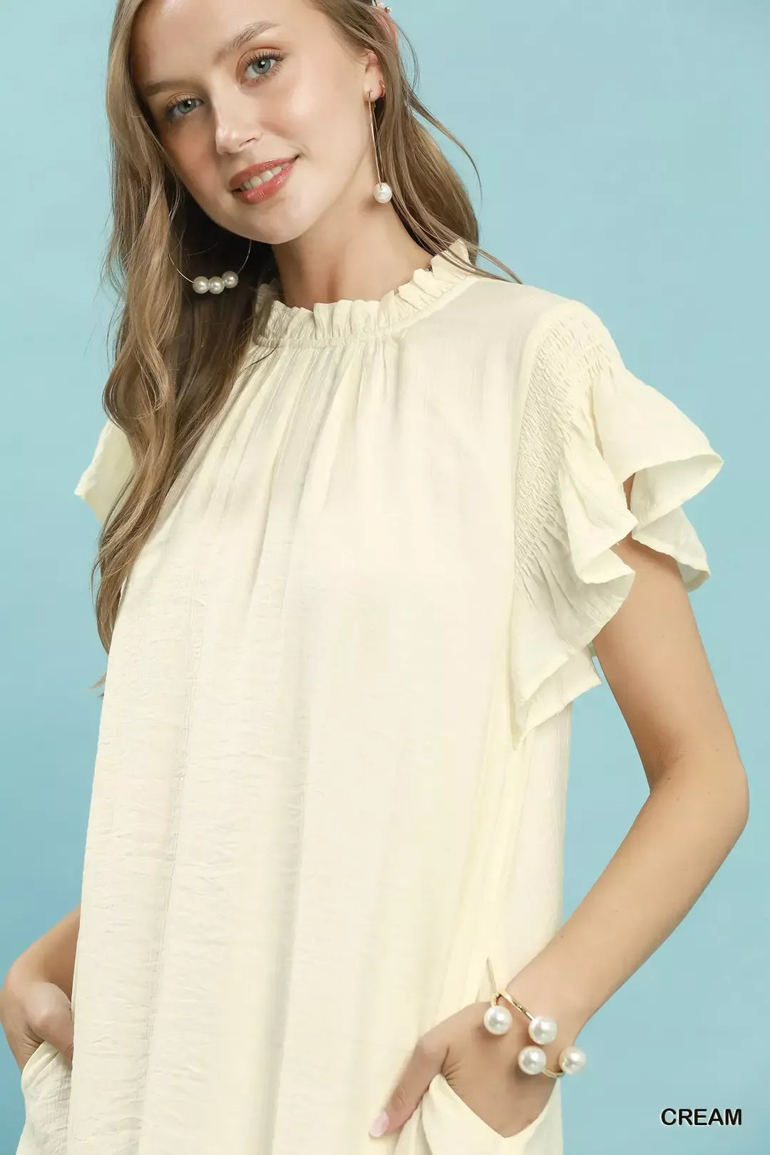Umgee Ruffle Flutter Sleeve Dress in Cream - Glamourous Grace