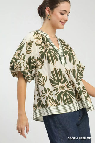 Umgee Mix Printed Puff Sleeve Top with Contrast Trim - Glamourous Grace