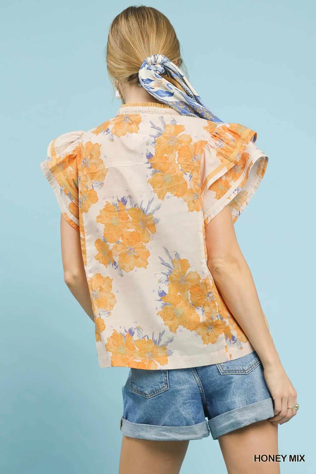 Umgee Mix Floral Ruffle Sleeve Blouse in Honey - Glamourous Grace