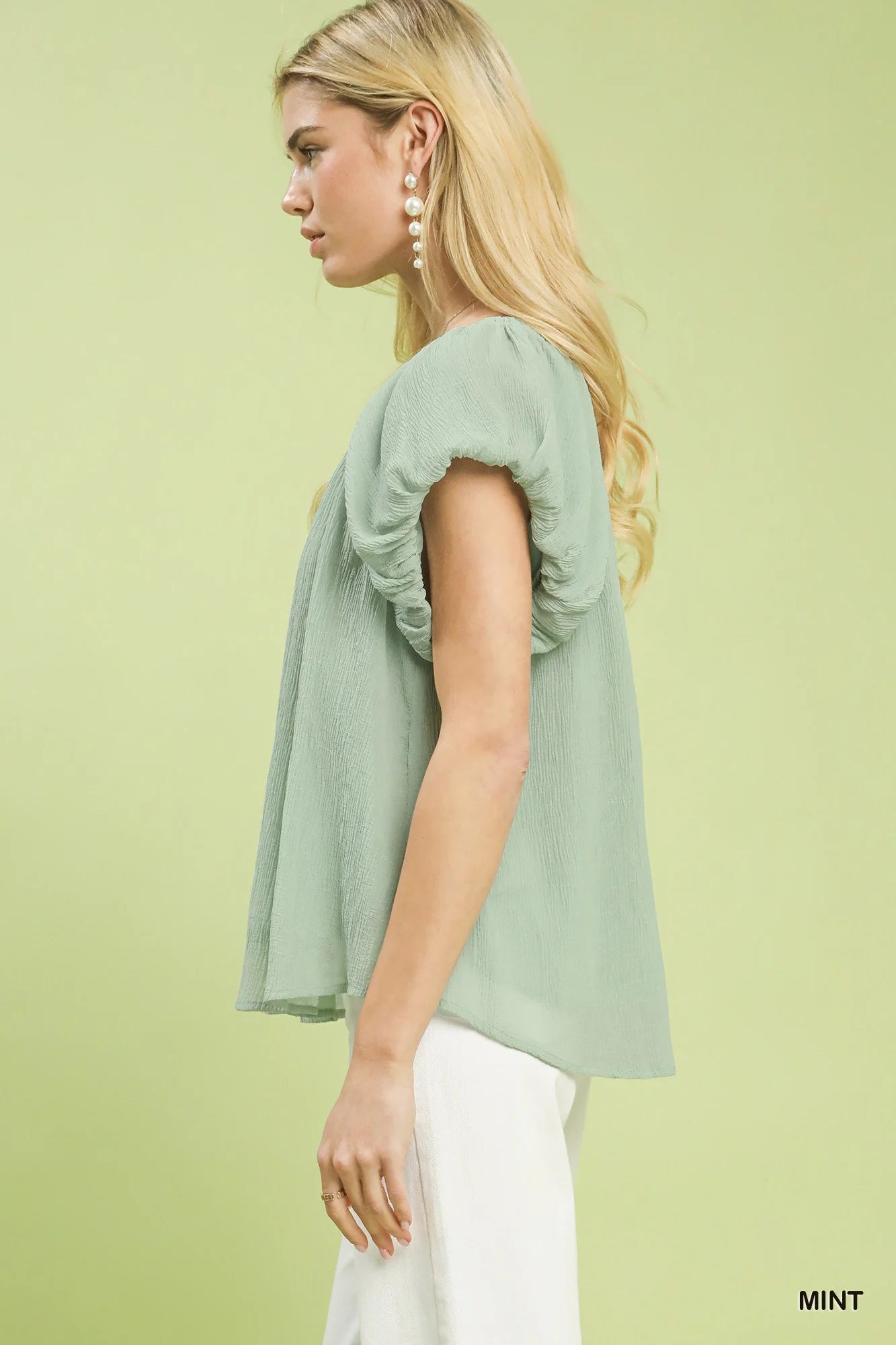 Umgee Crinkle Flutter Sleeve Peasant Top in Mint - Glamourous Grace