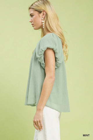 Umgee Crinkle Flutter Sleeve Peasant Top in Mint - Glamourous Grace