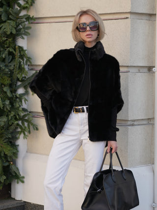 Genuine Scandinavian Mink Fur Poncho in Black