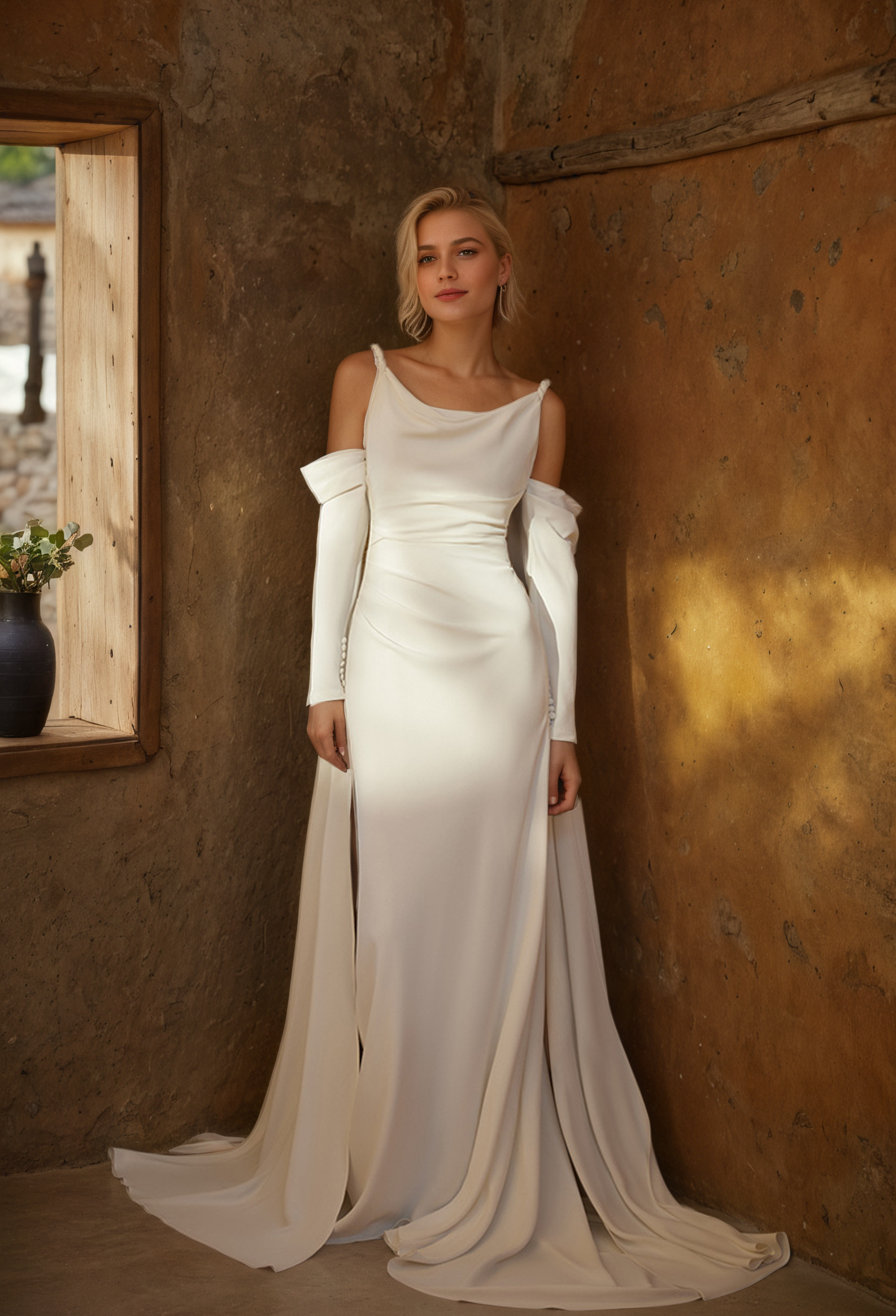 Minimalist Off-Shoulder Satin Wedding Gown with Detachable Sleeves and Elegant Train - Glamourous Grace