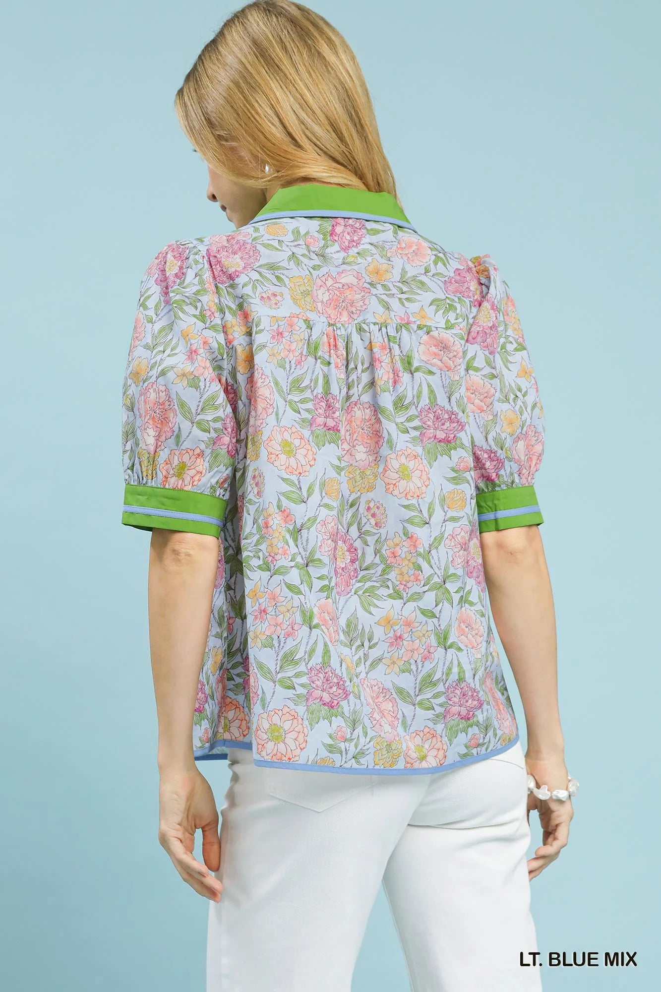 Umgee Mix Floral Puff Sleeve Blouse with Contrast Trim in Blue - Glamourous Grace