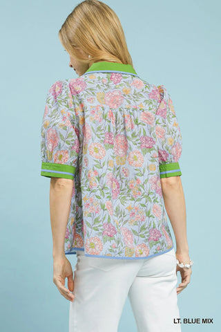 Umgee Mix Floral Puff Sleeve Blouse with Contrast Trim in Blue - Glamourous Grace