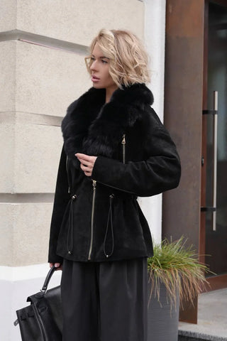 Vivienne Genuine Suede Polar Fox Trim Coat in Black
