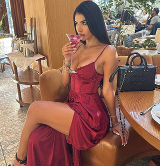 Maeve Corset Midi Dress - Burgundy Satin - Glamourous Grace
