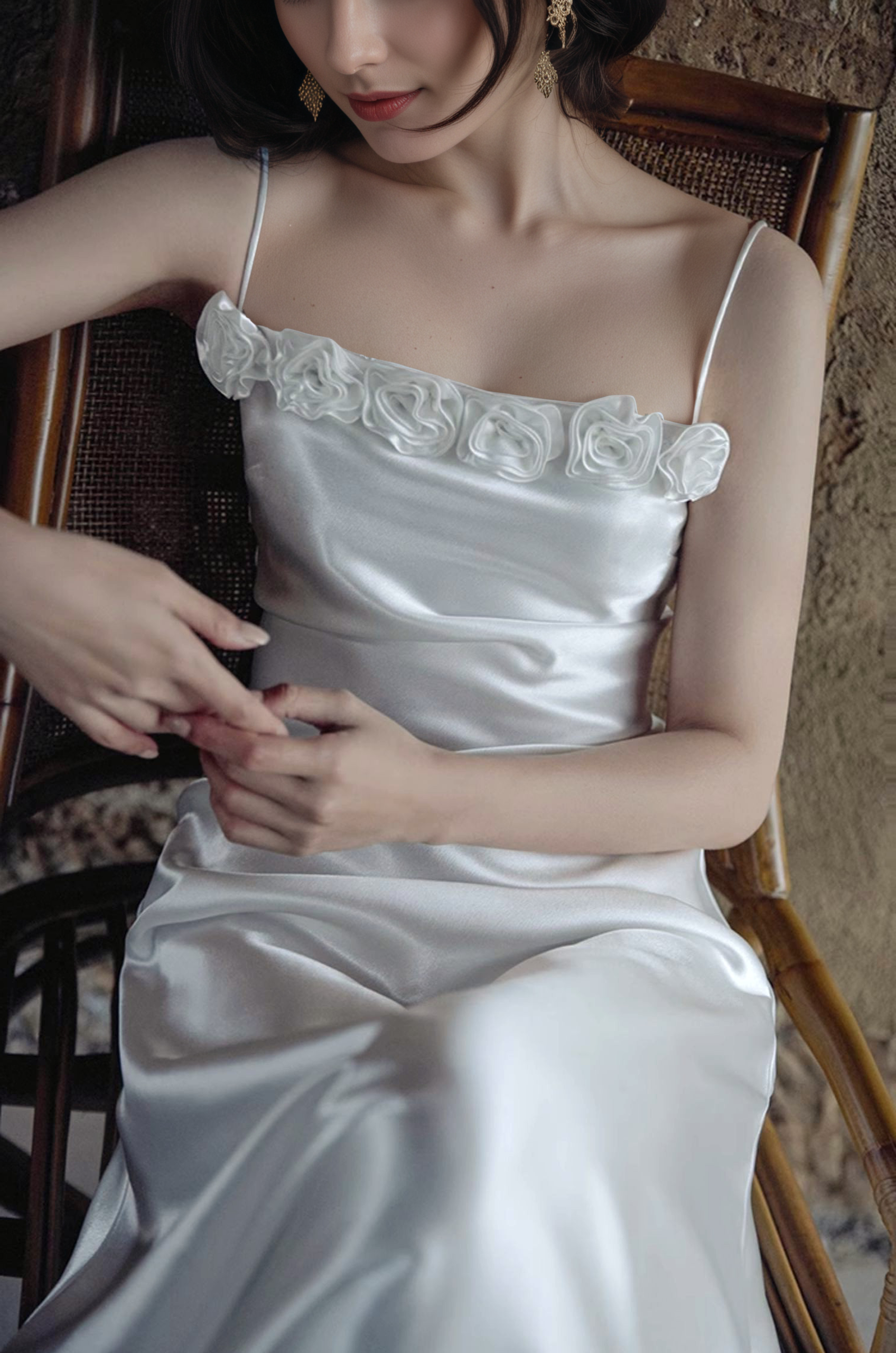 Vintage Rose-Trimmed Satin Slip Wedding Dress with Spaghetti Straps - Glamourous Grace