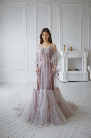 Luxury 3 colors Layered Tulle Sheer Robe Dress | Couture Ruffle Boudoir Robe Set - Glamourous Grace
