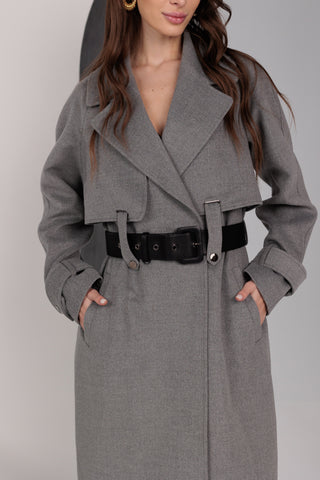 Karina Belted Wool Cashmere Blend Overcoat in Grey