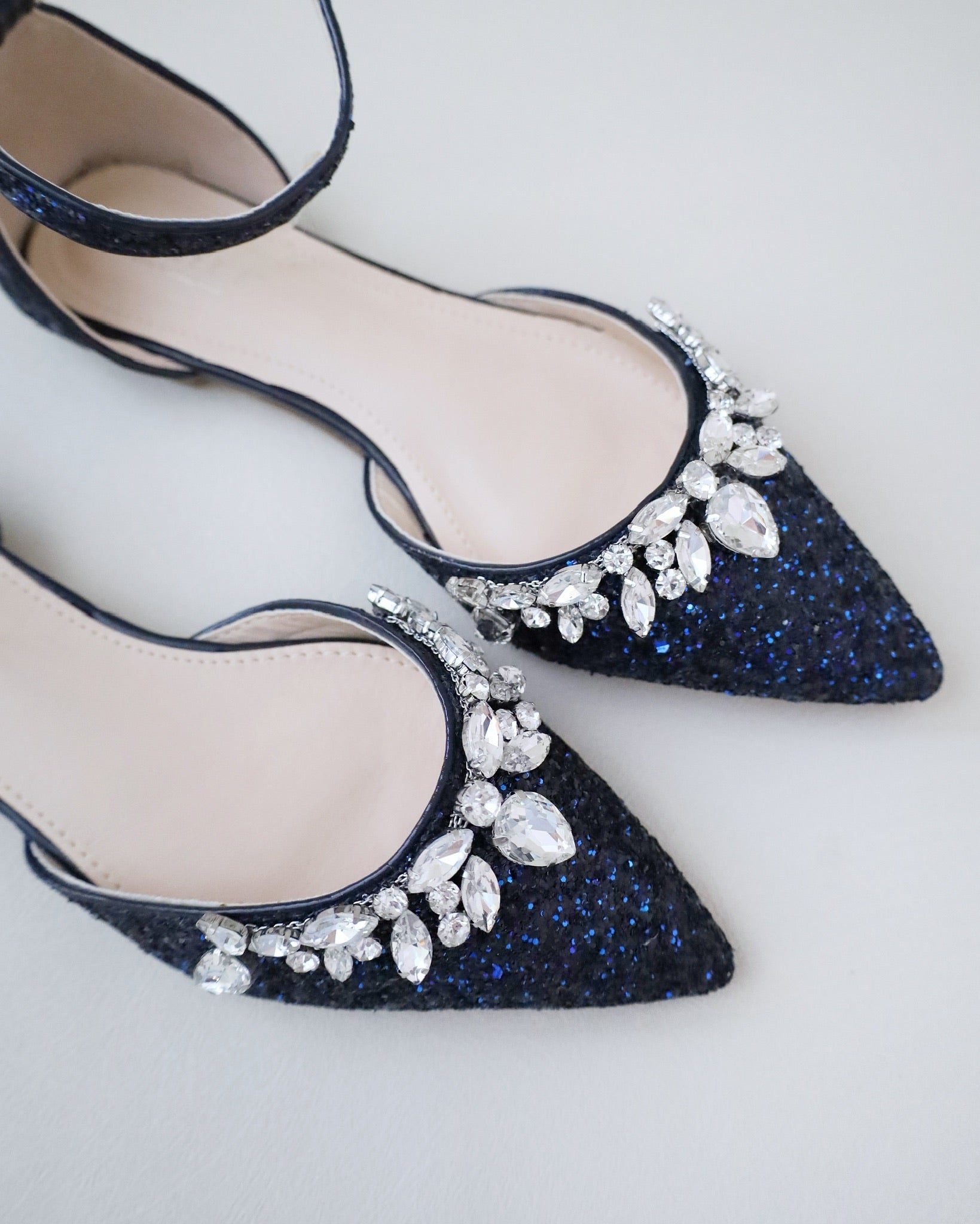 Pointy Toe Glitter Ankle Strap Flats with Teardrop Rhinestones