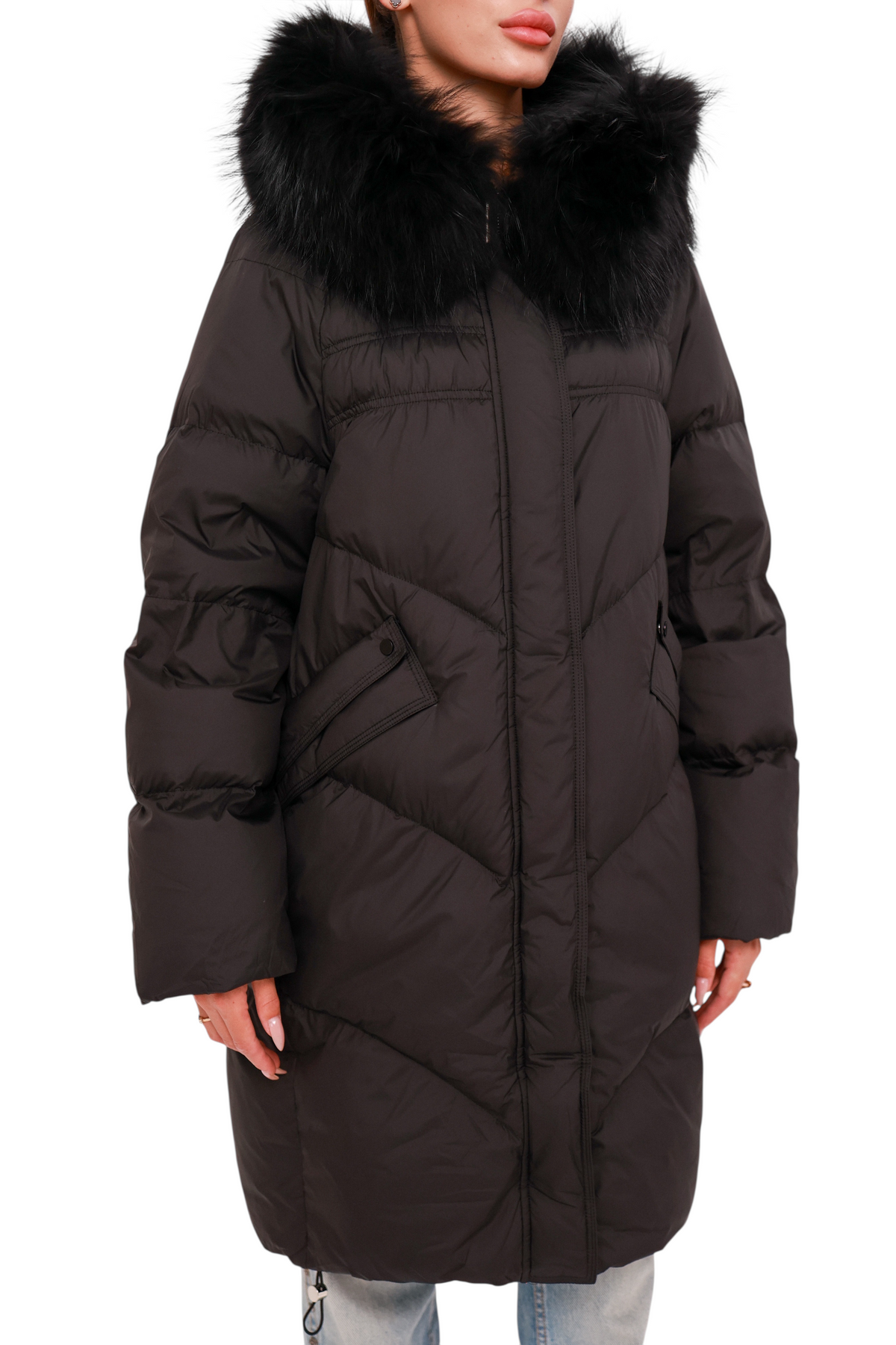 Nellie Genuine Fur Trim Down Fill Coat in Black