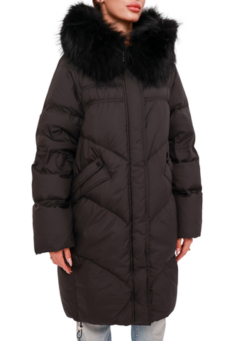 Nellie Genuine Fur Trim Down Fill Coat in Black