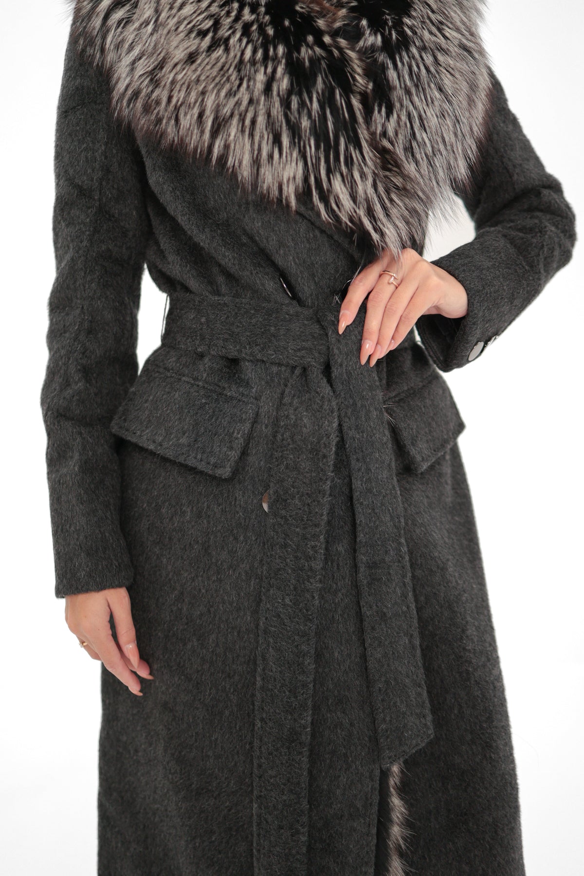 Genuine Silver Fox Cashmere Blend Coat