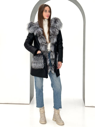 Roma Genuine Silver Fox Fur Rabbit Fur Insulated Parka in Black