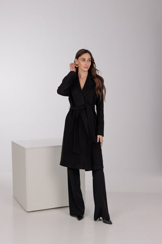 Geneva Classic Wraparound Wool Blend Overcoat in Black