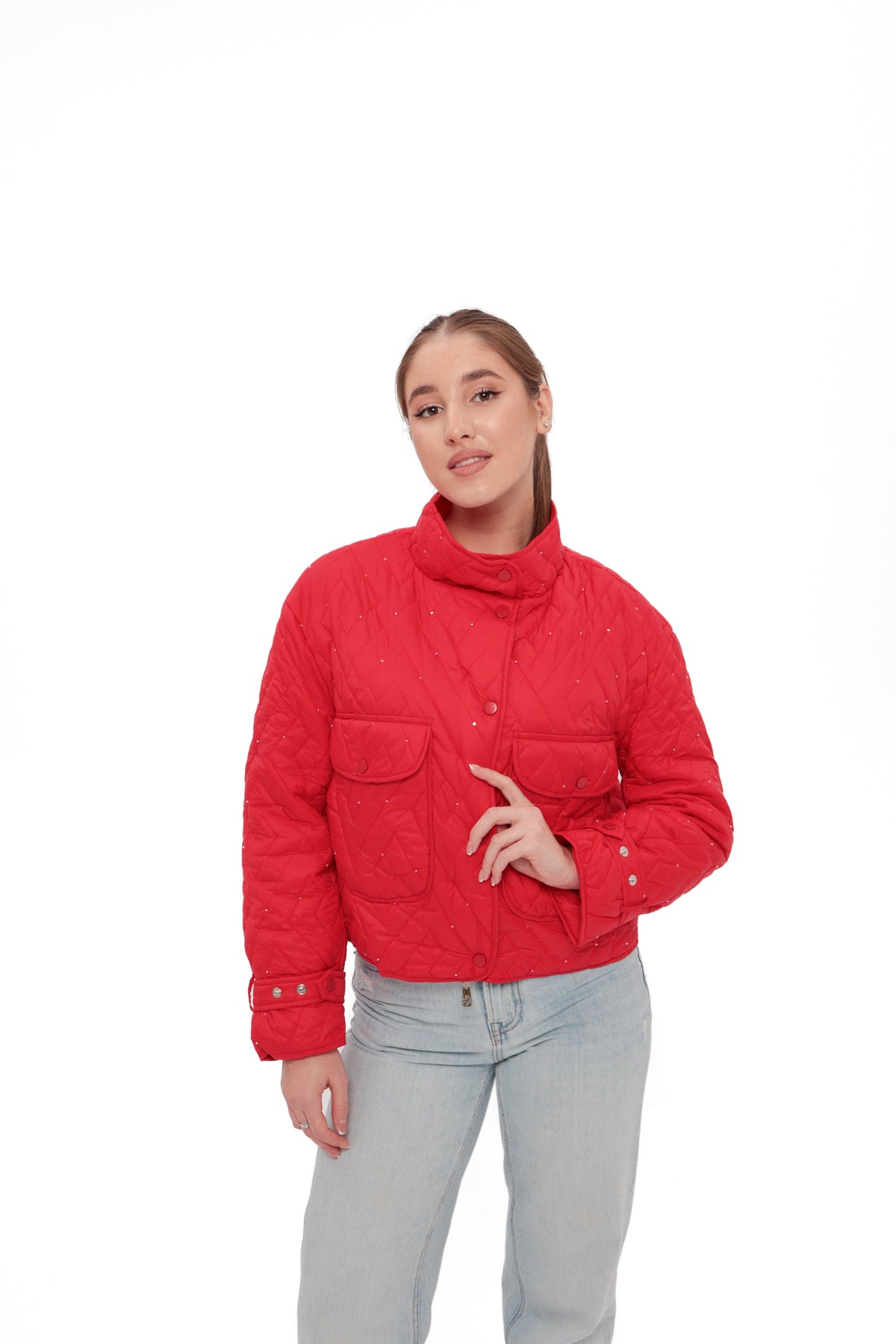 Studded Light Demi-Season Hooded Cropped Jacket in Red