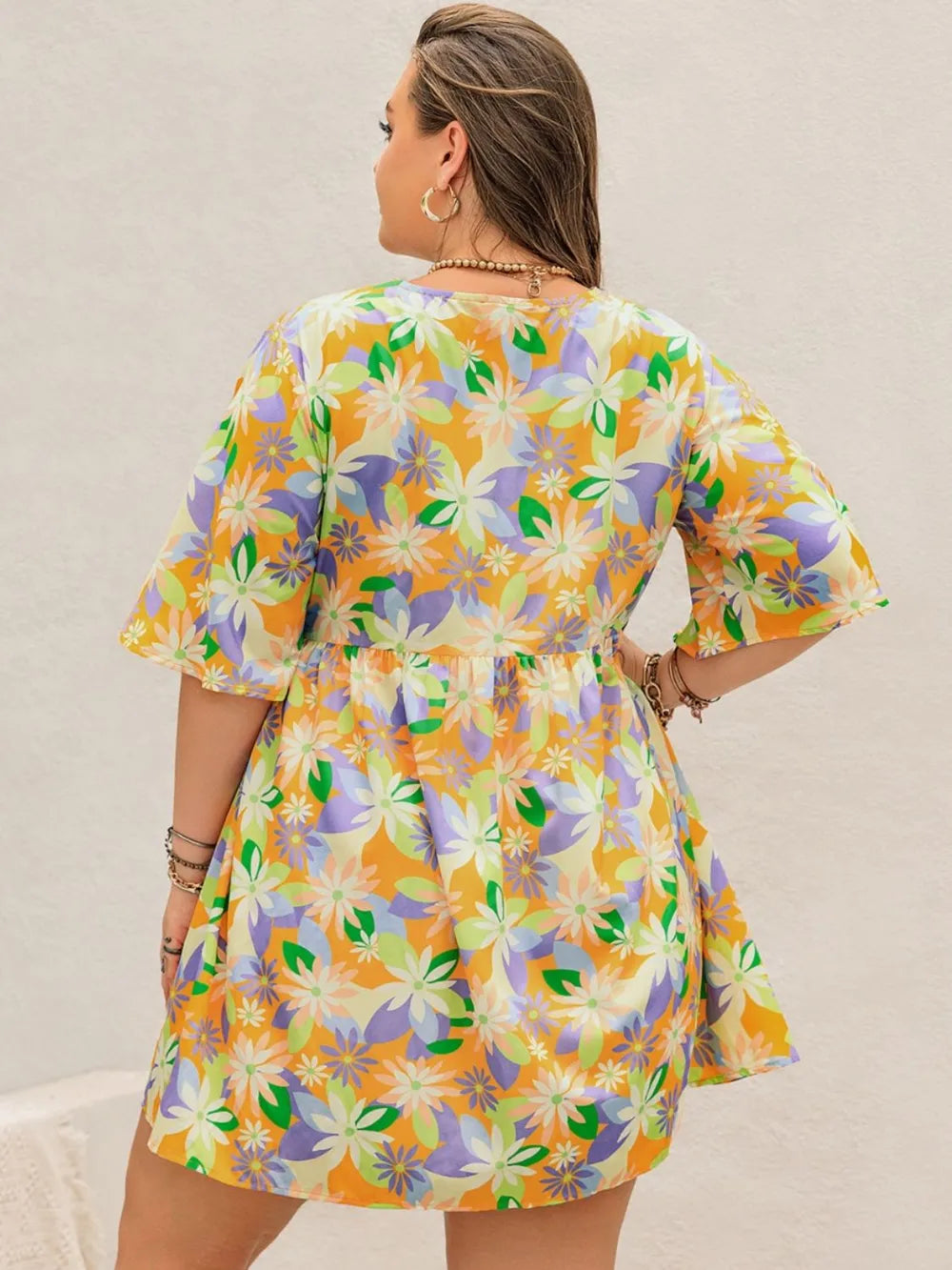 Plus Size Printed V-Neck Half Sleeve Mini Dress - Glamourous Grace