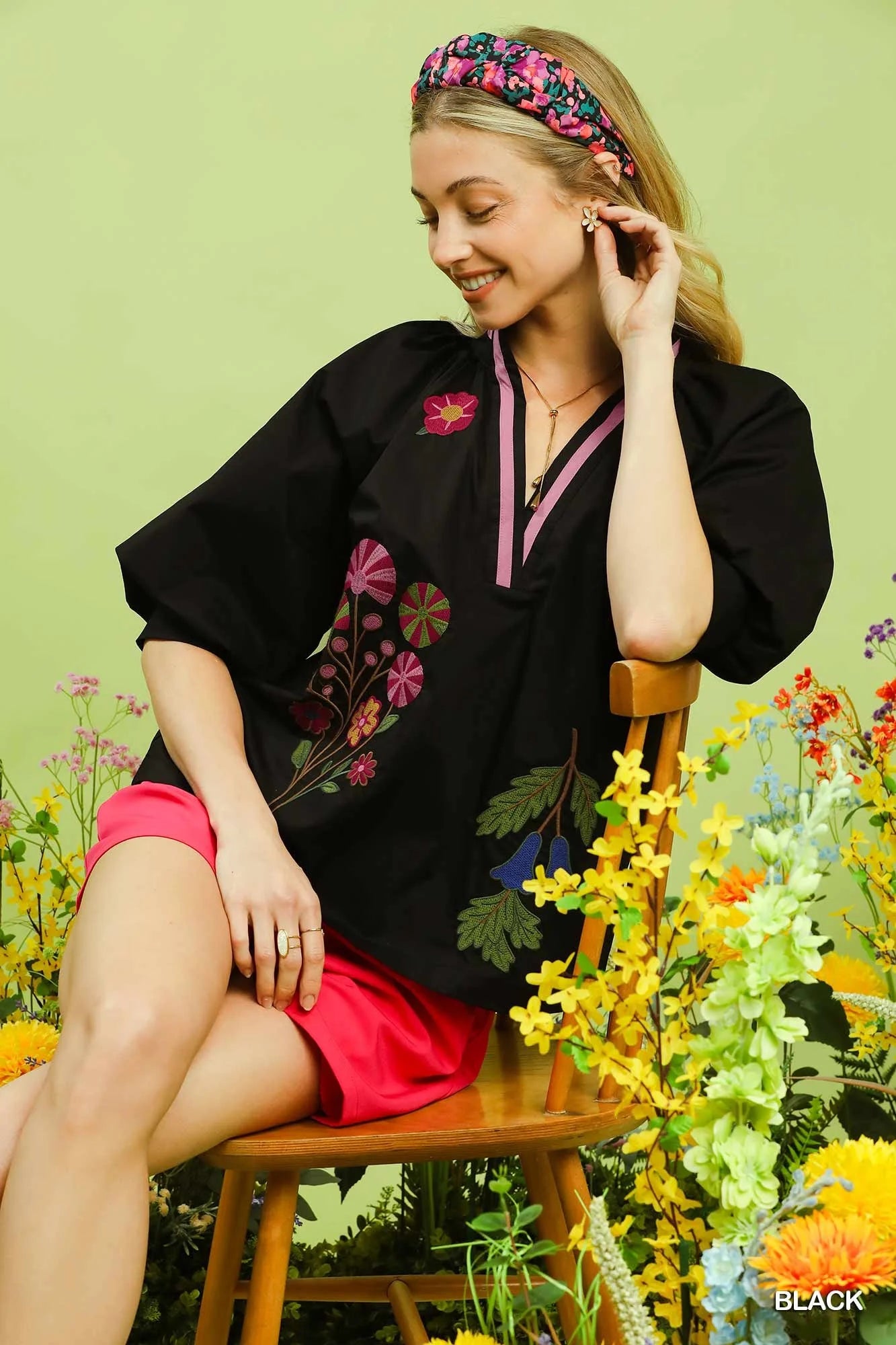 Umgee Embroidered Floral V-Neck Blouse - Glamourous Grace