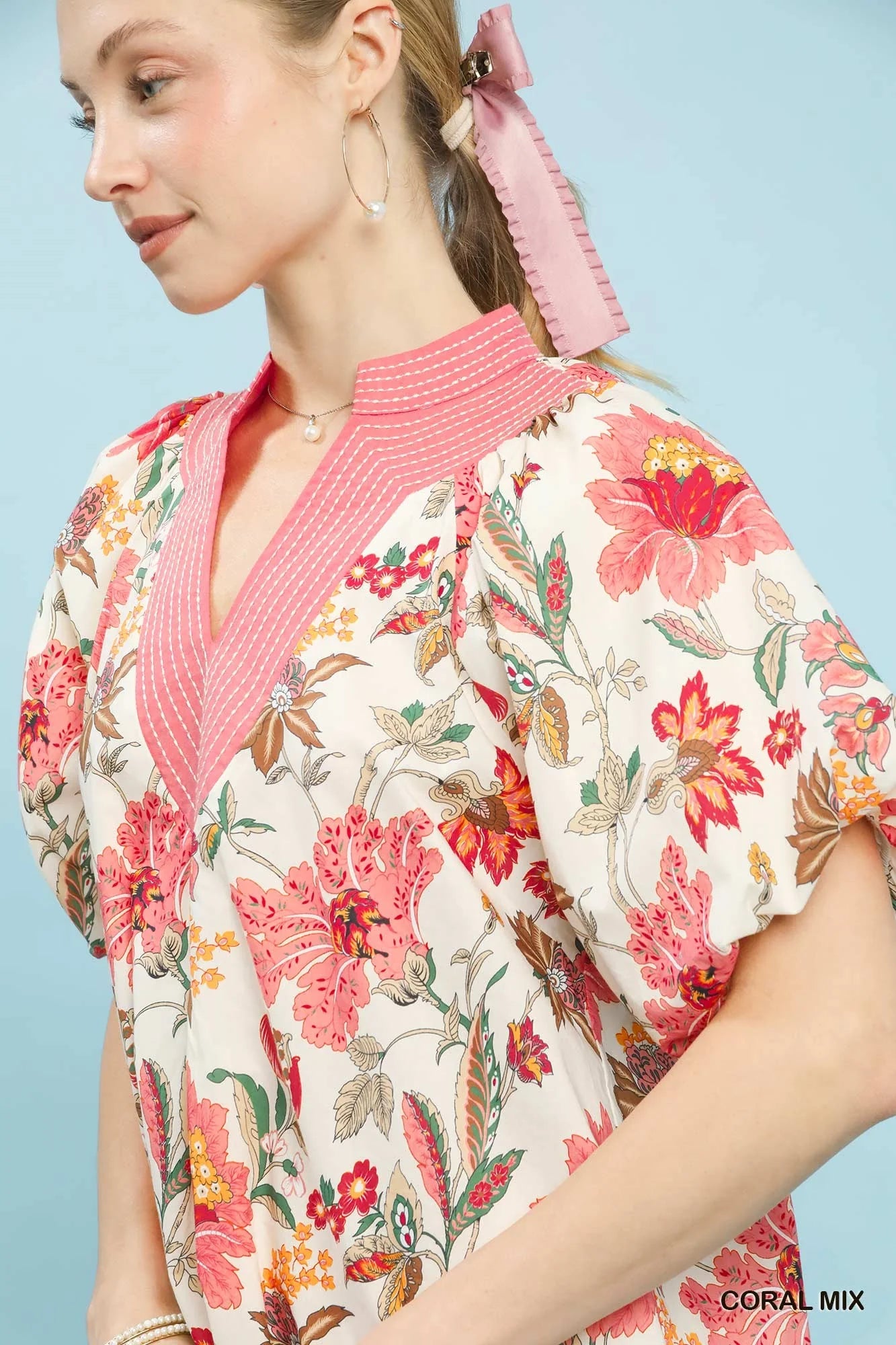 Umgee Mix Floral Puff Sleeve Blouse in Coral - Glamourous Grace