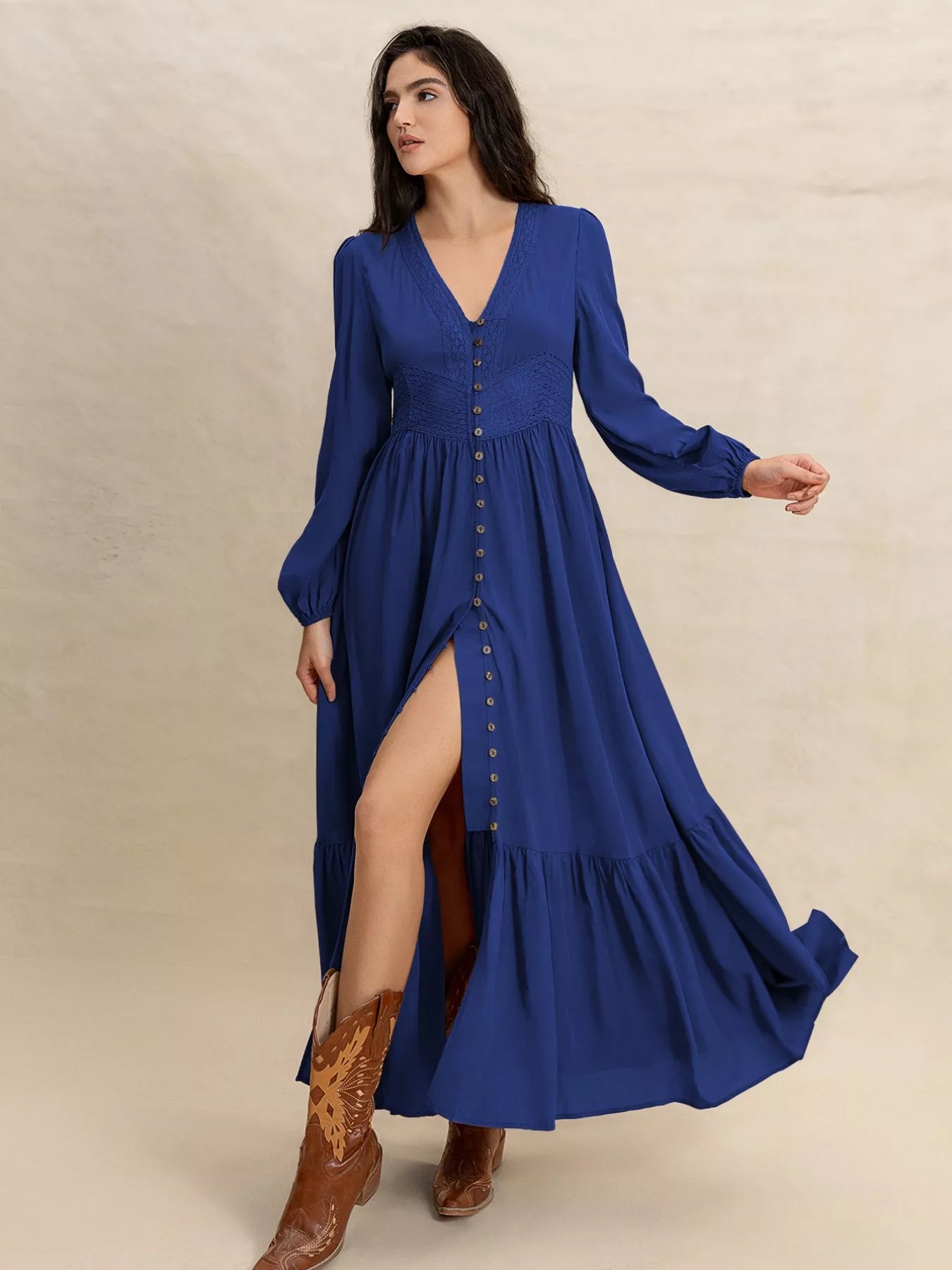 Plus Size Slit V-Neck Long Sleeve Maxi Dress - Glamourous Grace