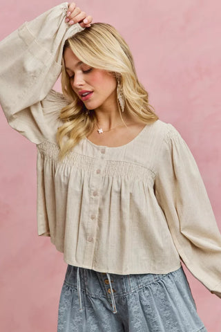SO ME Linen Blend Woven Long Sleeve With Smocking Top - Glamourous Grace