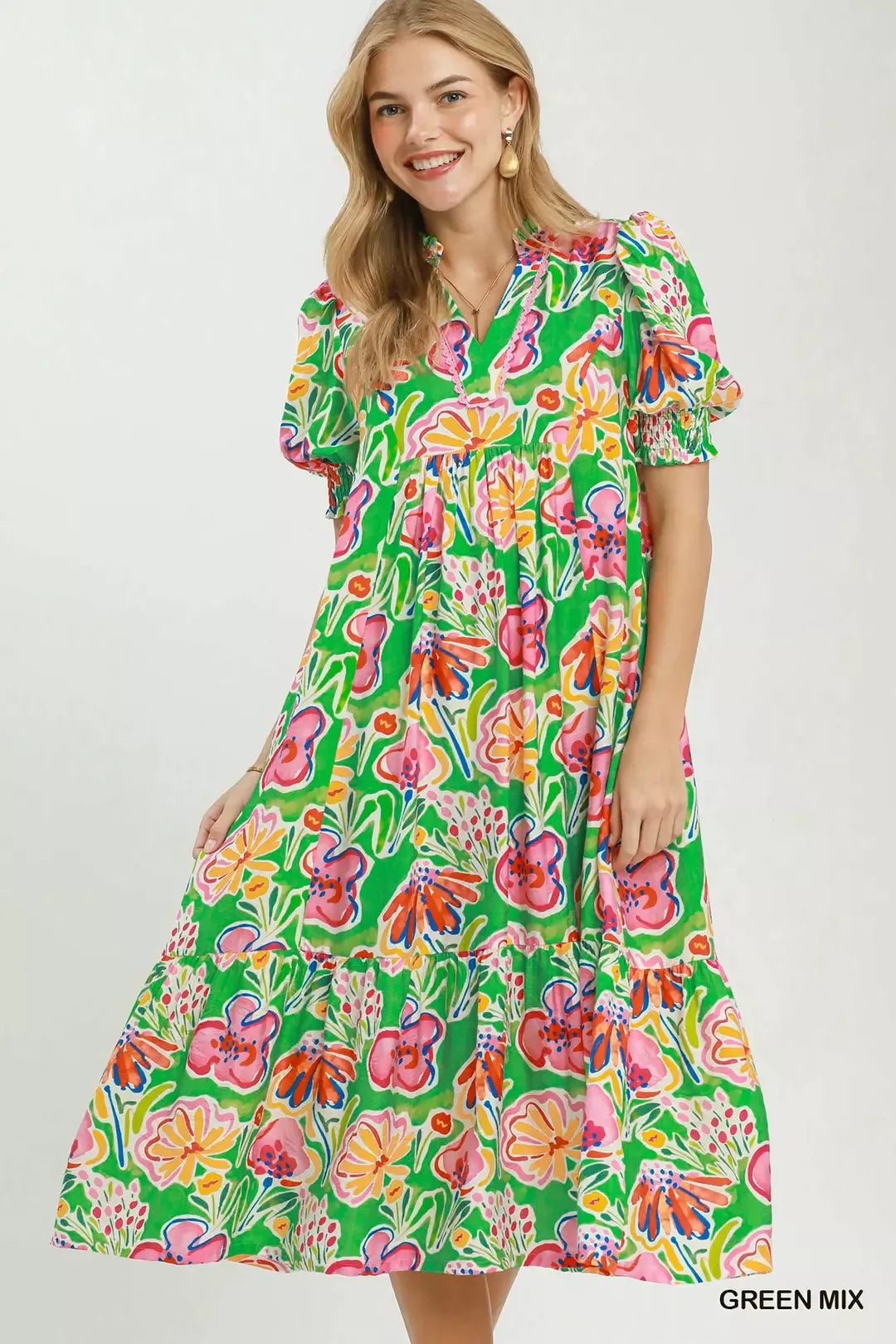 Umgee Floral Print Puff Sleeve Tiered Midi Dress - Glamourous Grace