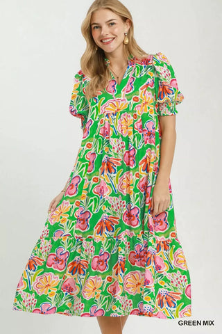 Umgee Floral Print Puff Sleeve Tiered Midi Dress - Glamourous Grace