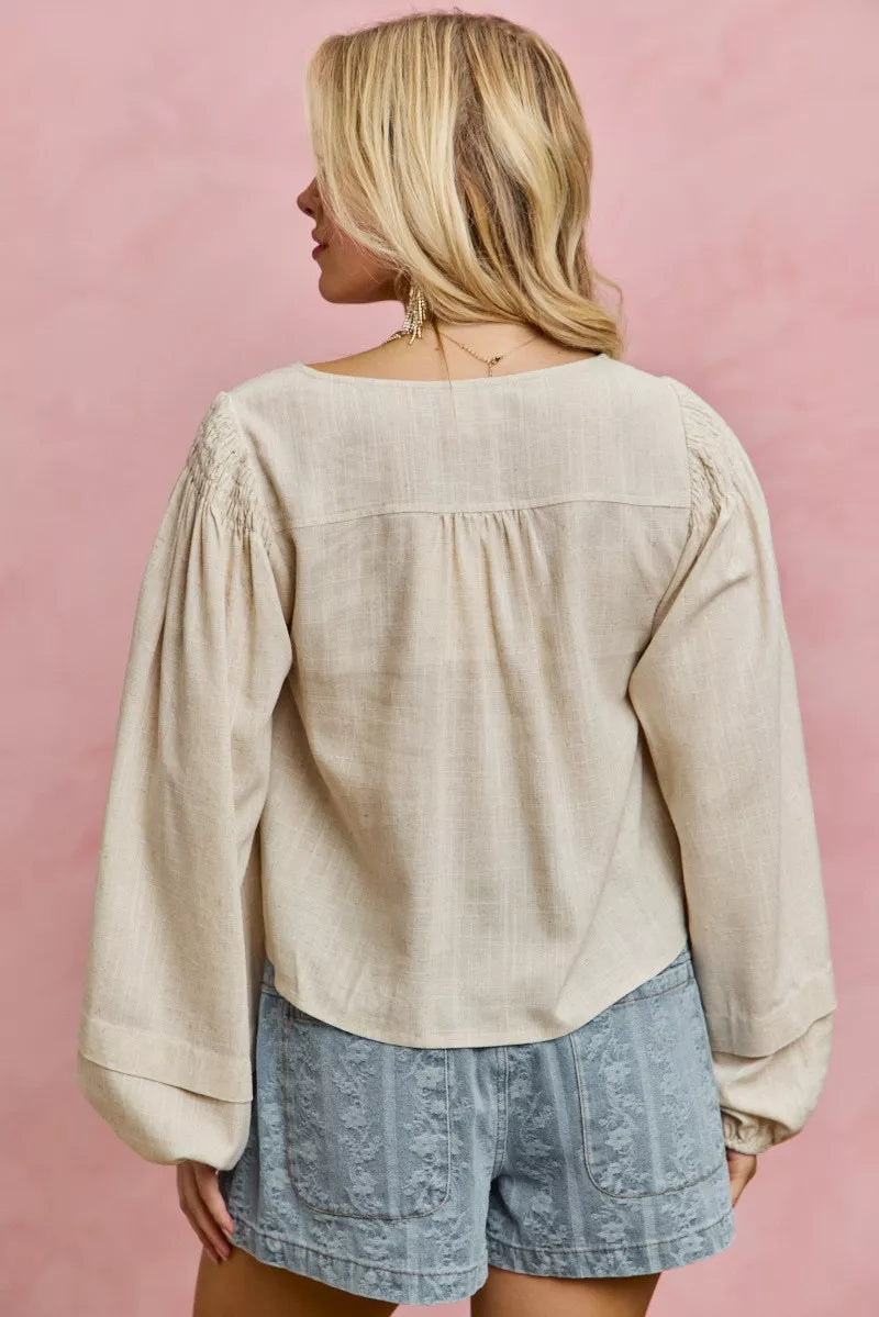 SO ME Linen Blend Woven Long Sleeve With Smocking Top - Glamourous Grace