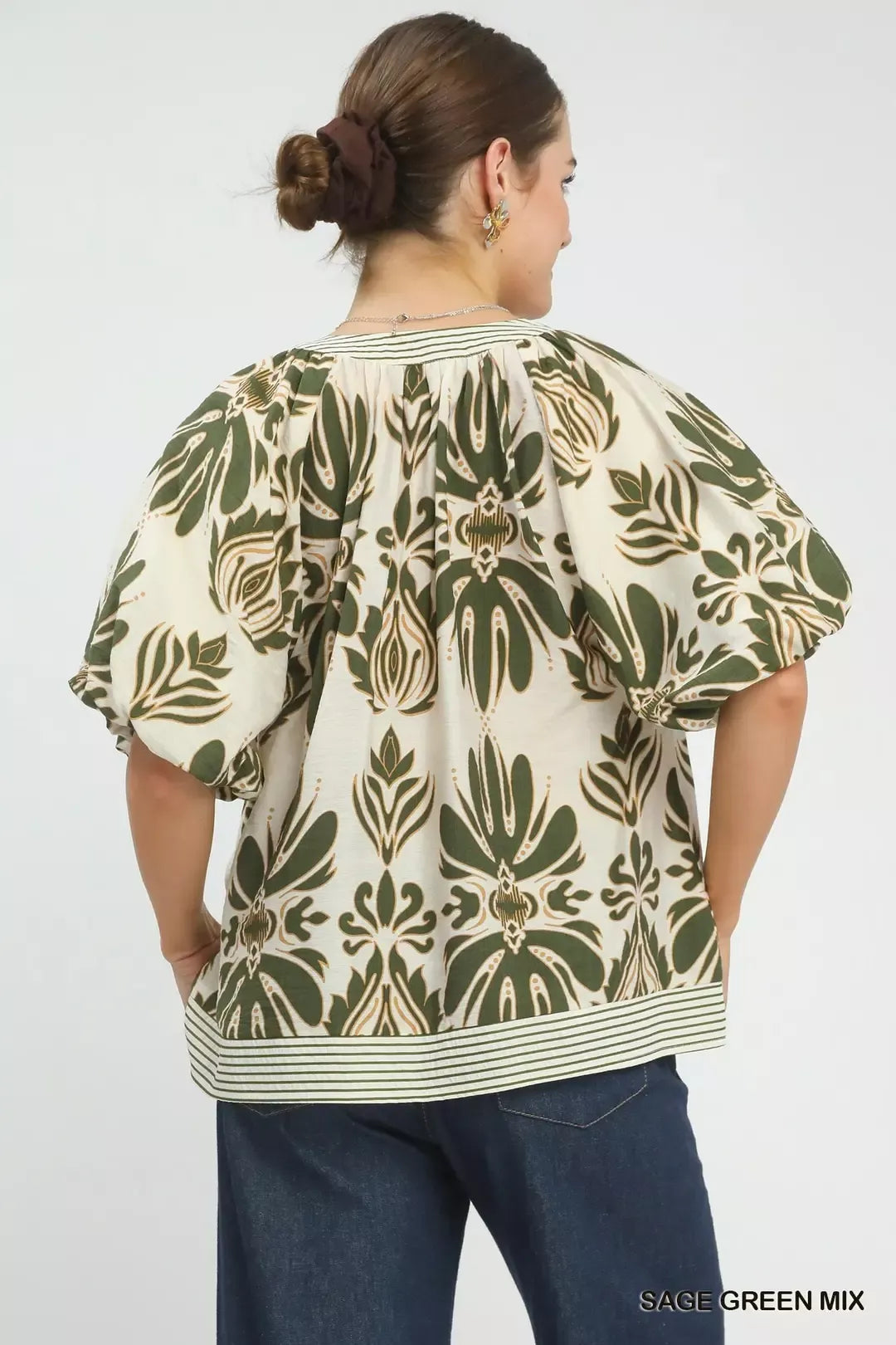 Umgee Mix Printed Puff Sleeve Top with Contrast Trim - Glamourous Grace