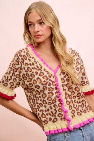BiBi Leopard Patterned Ruffled Detail Button Cardigan - Glamourous Grace