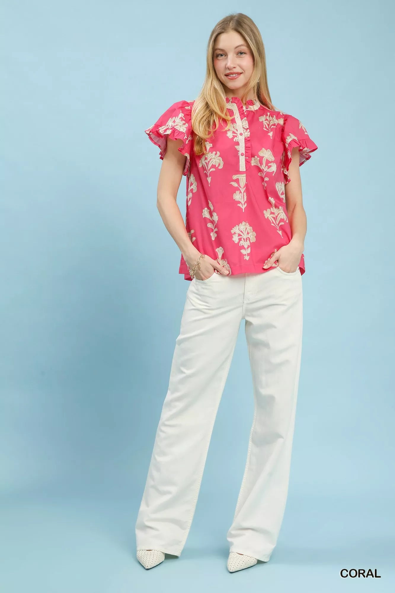 Umgee Floral Ruffle Sleeve Split-Neck Top - Glamourous Grace
