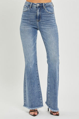 RISEN High Waist Raw Hem Flared Leg Blue Denim Jeans
